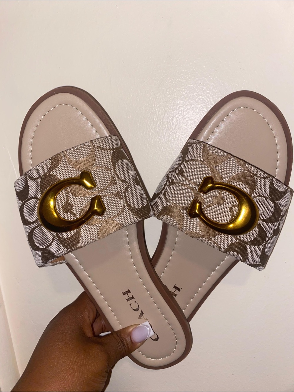 Coach Tan & Beige Signature Slide Sandals with Gold Accent
